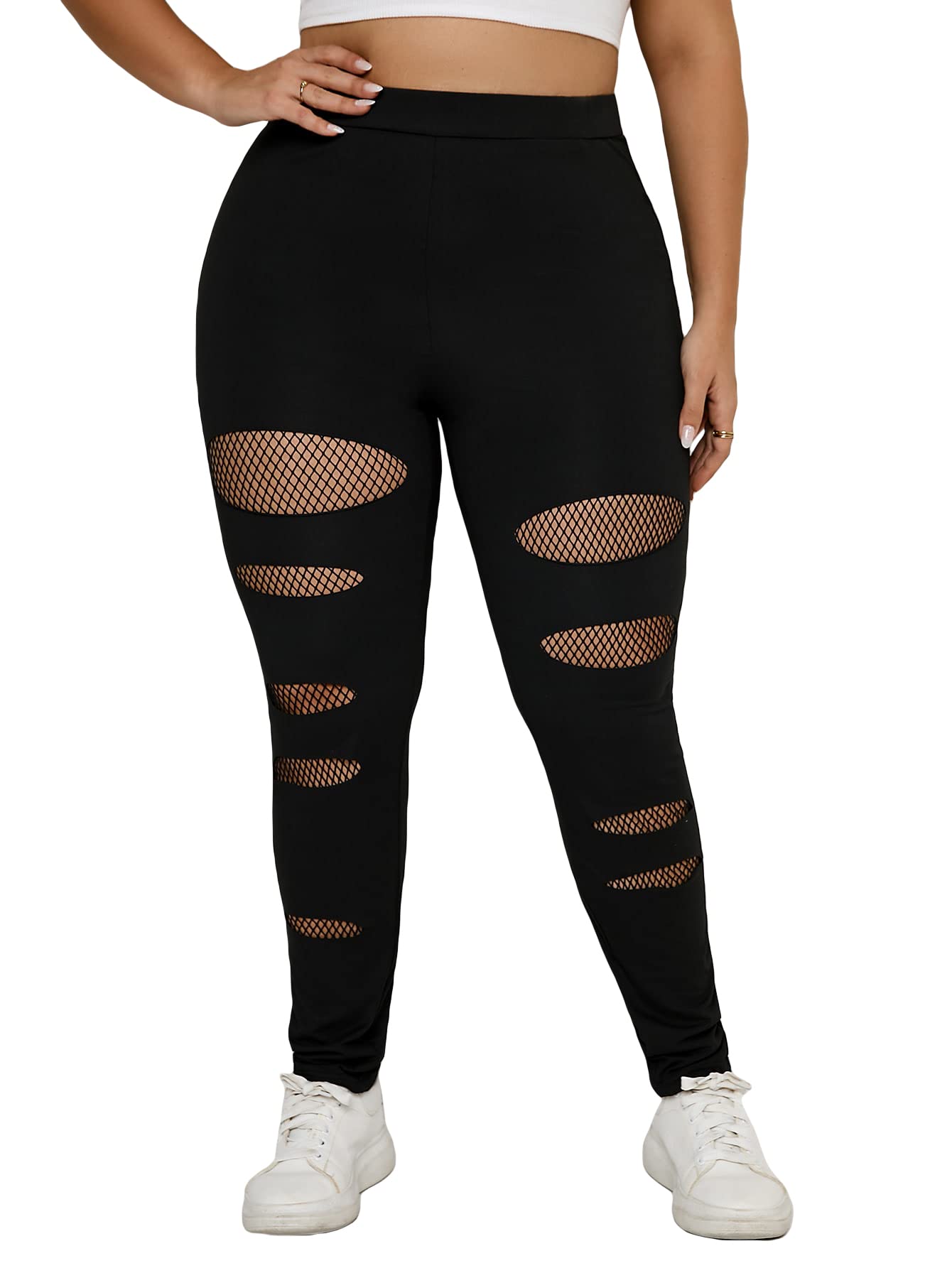 High Waist Ripped Leggings for Plus Size Women by MakeMeChic, Perfect for Yoga and Workout
